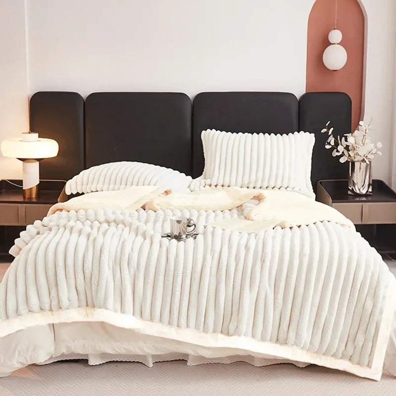 Weighted Sherpa Fleece Blanket Soft Warm Beige White Stripes