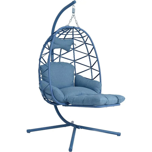 Rattan Wicker Swing Chair with Cushion and Leg Rest, Indoor Outdoor Hanging Egg Chair for Garden or Bedroom, 300 lbs, Blue