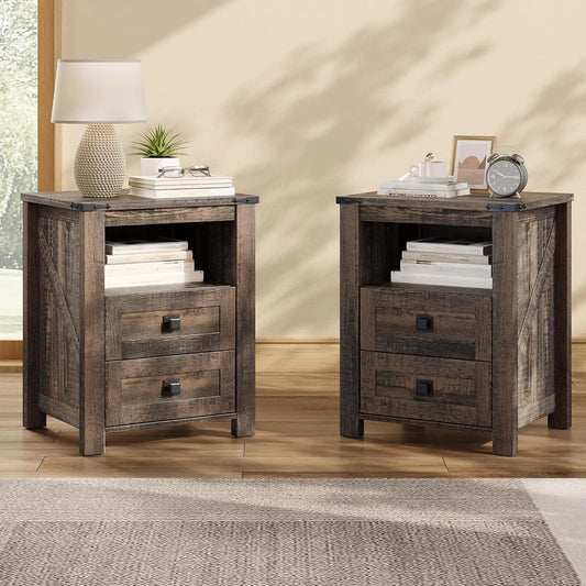 Farmhouse Nightstands Set Of 2 Wood Bedside Tables With Drawers