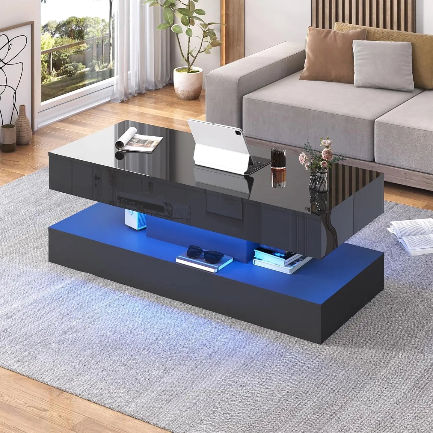 QiaoShiRen Modern Coffee Table With LED Double-Layer Storage Drawers