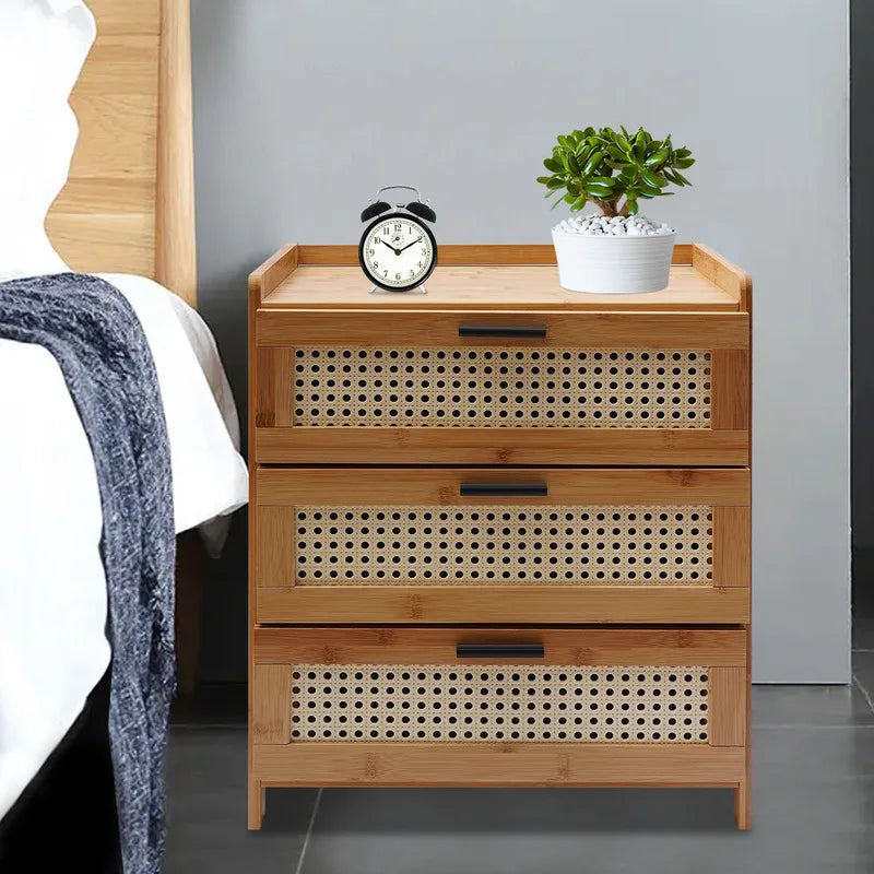 Bamboo Wood Three Drawer Bedside Table Nightstand Storage Cabinet