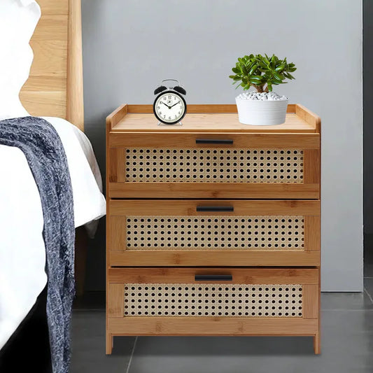 Bamboo Wood Three Drawer Bedside Table Nightstand Storage Cabinet