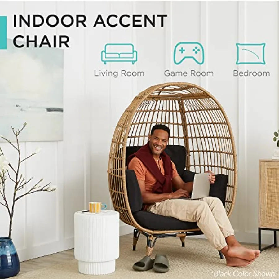 Wicker Egg Chair for patio, backyard, living room; rattan with steel frame; ivory; oversized indoor outdoor lounger with 4 cush