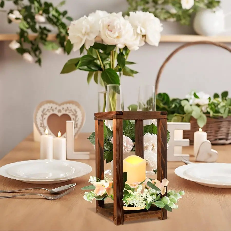 Rustic Wooden Wedding Lantern Centerpieces With Integrated Holders And Wreaths