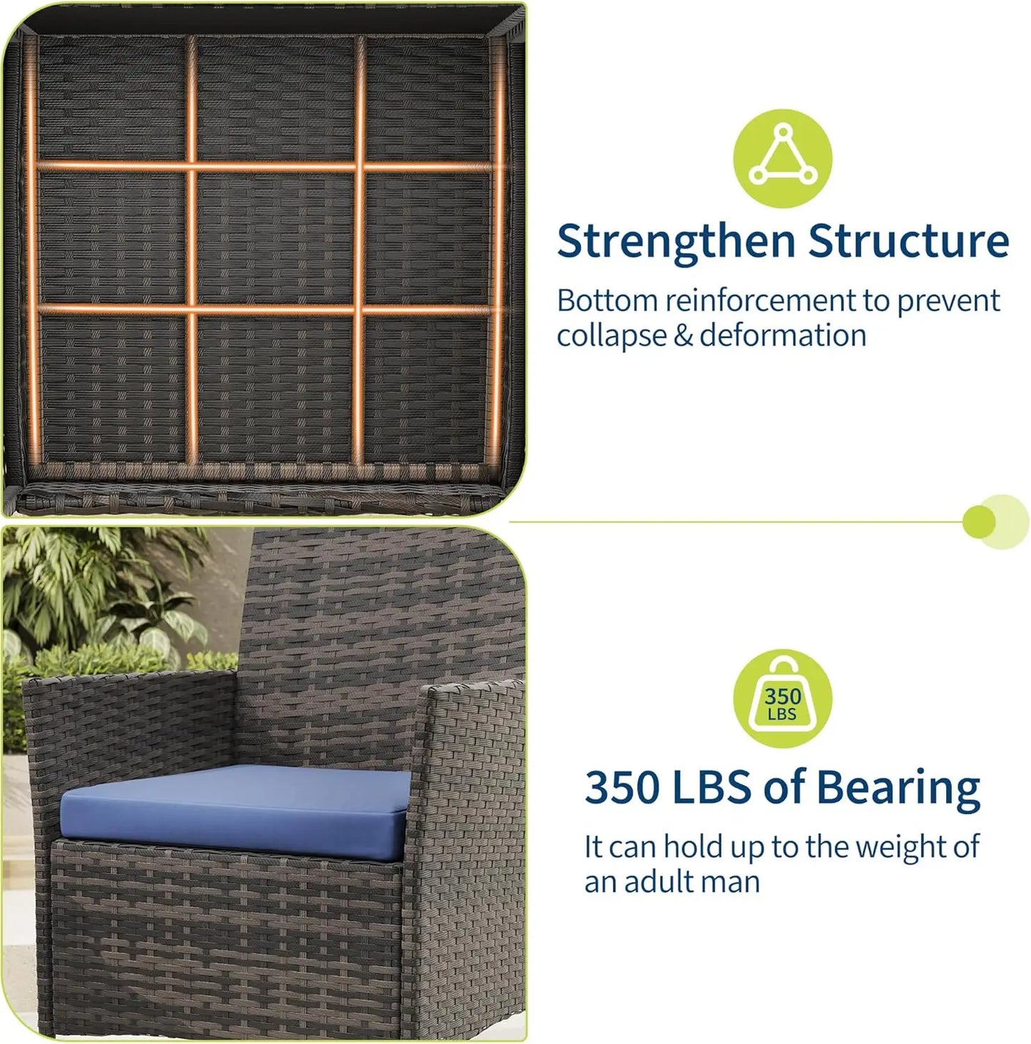 3 Piece Outdoor Patio Furniture Set, PE Rattan Wicker Chairs with Soft Cushions, Tempered Glass Coffee Table, All Weather Conversation Set for Garden Porch Poolside Balcony