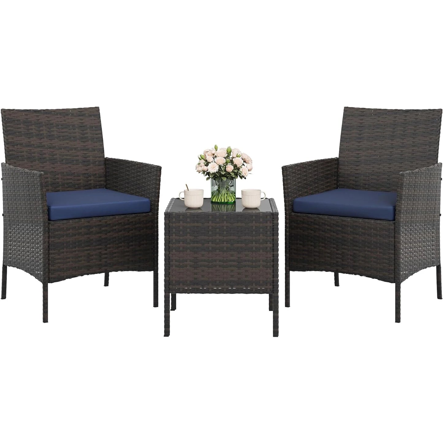 3 Piece Outdoor Patio Furniture Set, PE Rattan Wicker Chairs with Soft Cushions, Tempered Glass Coffee Table, All Weather Conversation Set for Garden Porch Poolside Balcony