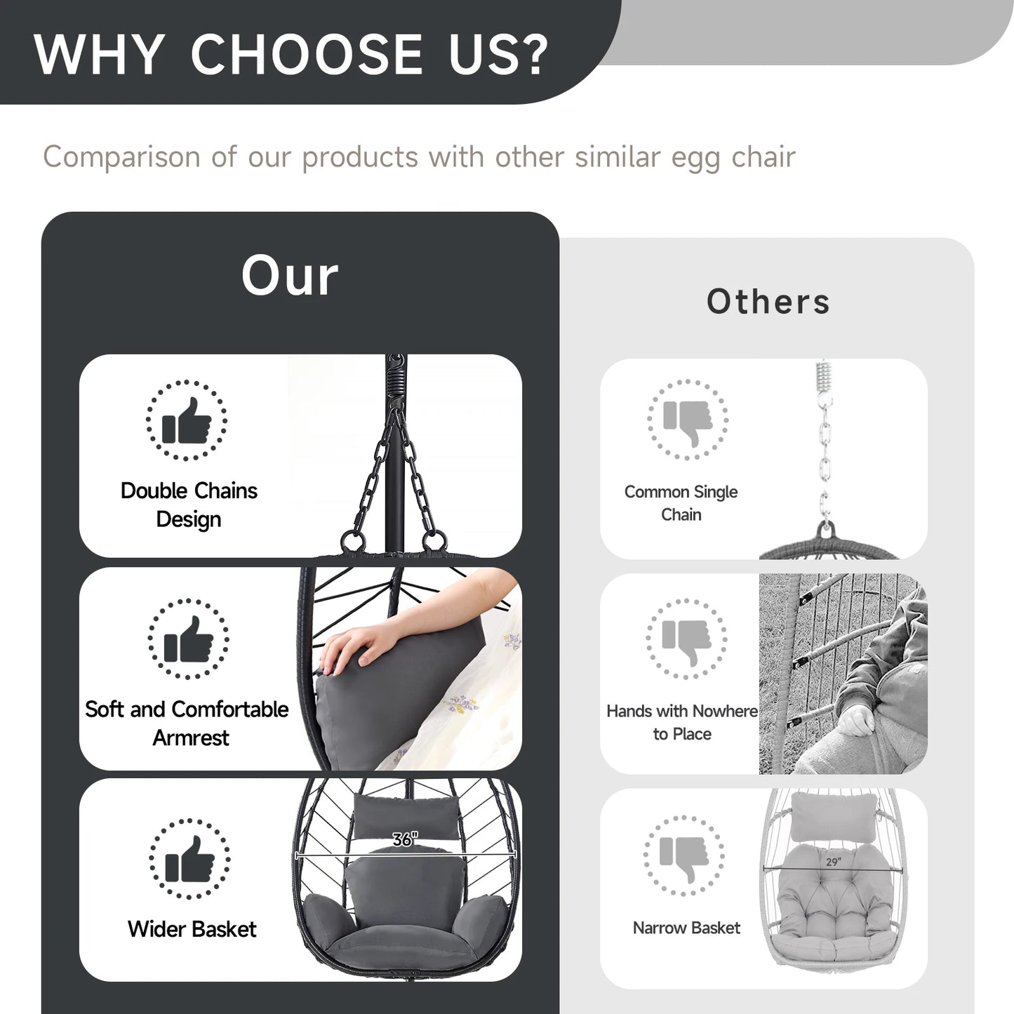 Egg Chair with Cushion, Outdoor Indoor Egg Swing Chair, Hanging Wicker Rattan Egg Chair with Dual Chains, 350LBS Capacity