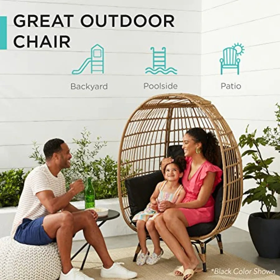 Wicker Egg Chair for patio, backyard, living room; rattan with steel frame; ivory; oversized indoor outdoor lounger with 4 cush