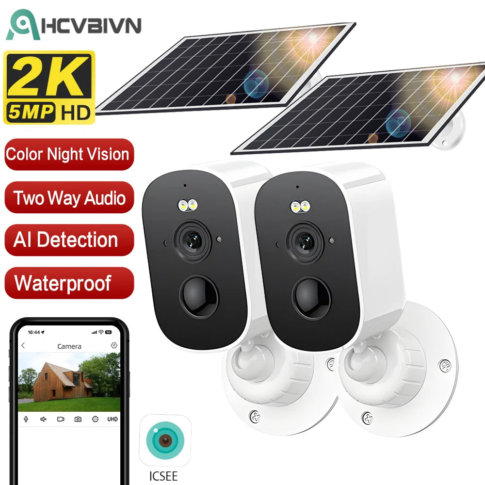 Outdoor 5MP 2K HD Wireless Solar Security Camera Wifi Connection with 4800mAh Rechargeable Battery IP66 Waterproof PIR Human Motion Detection Smart Alarm Night Vision Two Way Audio Surveillance System Compatible with ICSEE AP