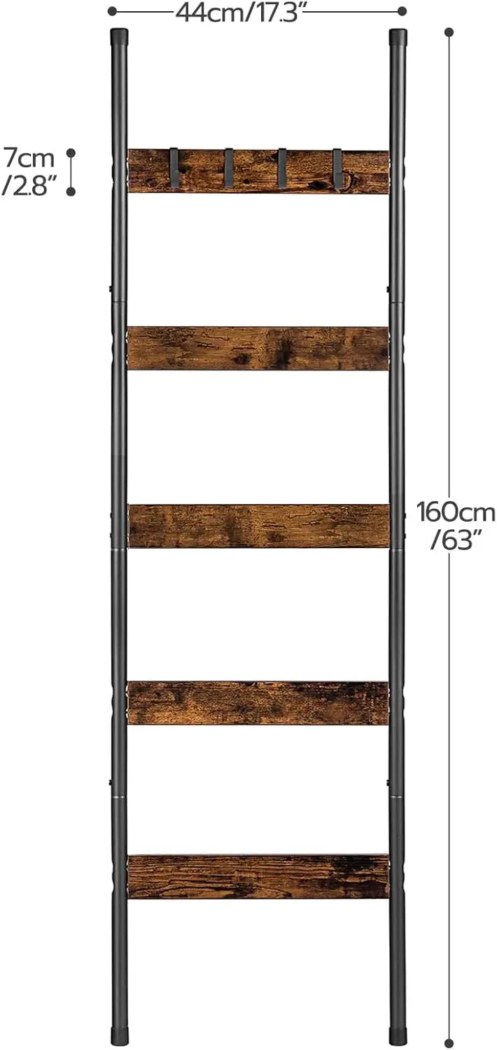 5-Tier Wall Leaning Blanket Ladder With Hooks Towels Scarves
