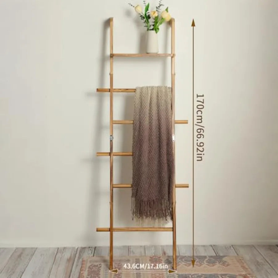 Blanket Ladder With Top Shelf 5-Tier Bamboo Blanket Holder