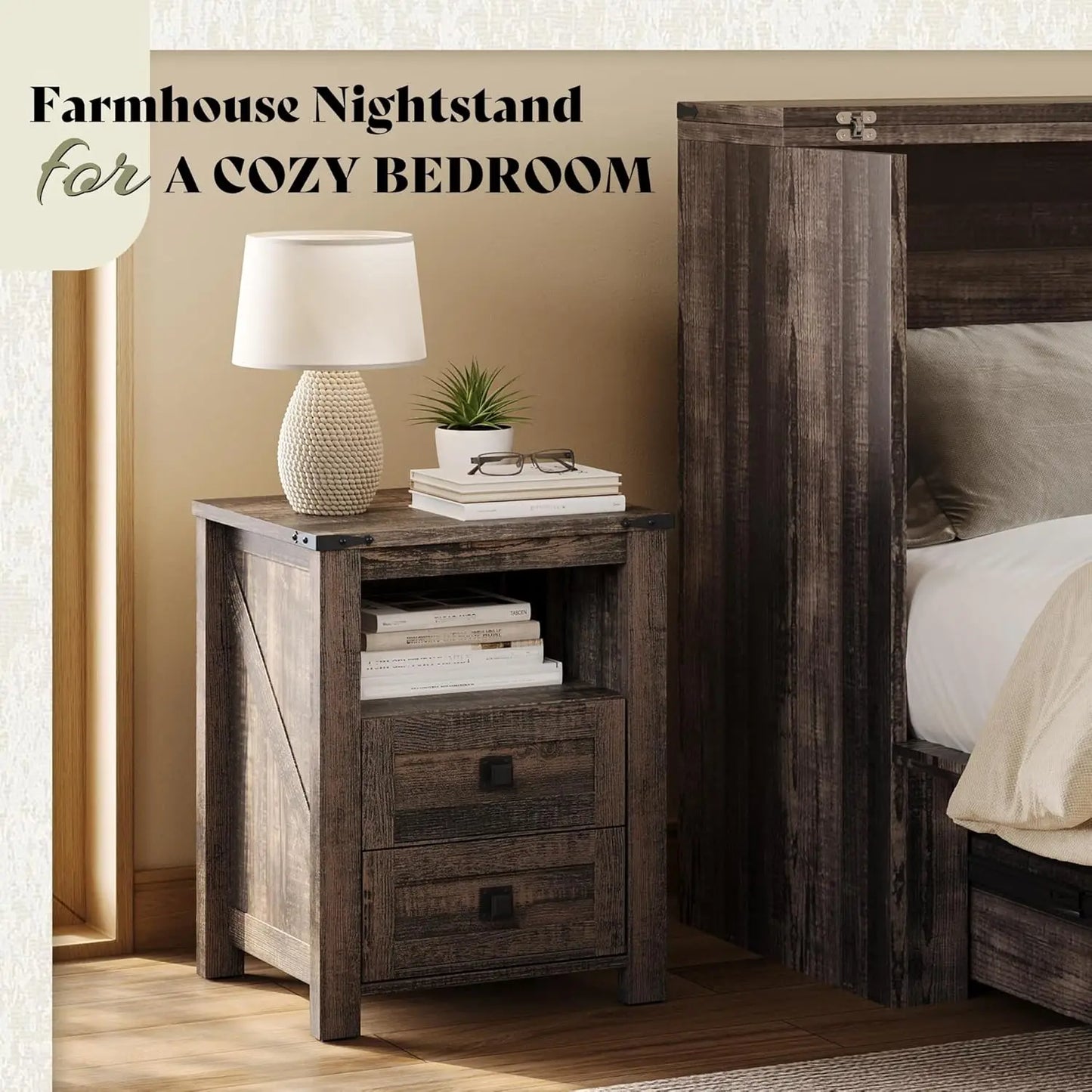 Farmhouse Nightstands Set Of 2 Wood Bedside Tables With Drawers