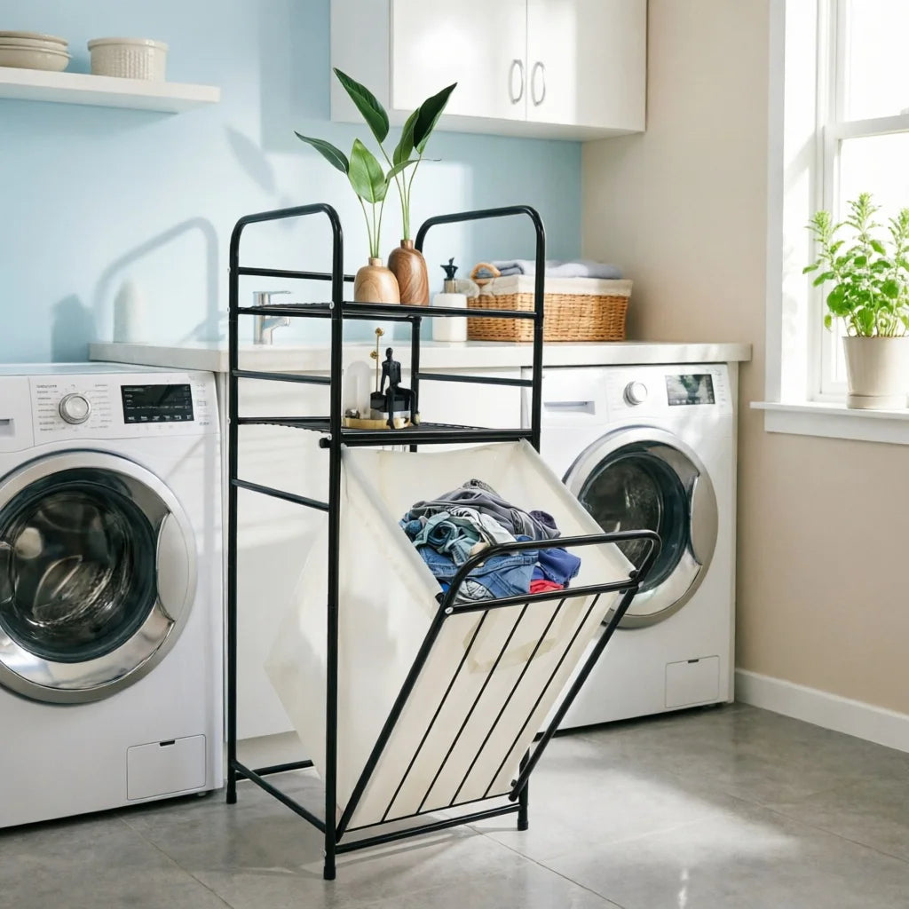 Tilt Out Laundry Hamper With Shelves And Removable Liner