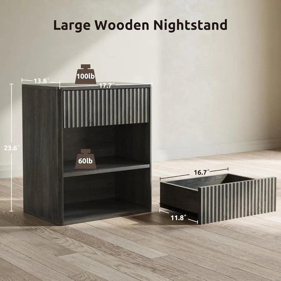 Mid Century Modern Nightstand Fluted Wood Drawer And Open Shelf
