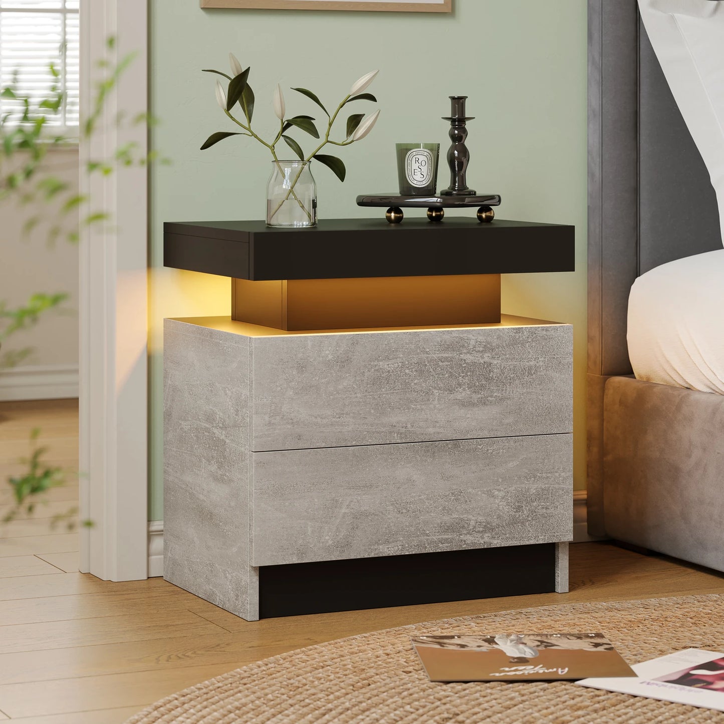 Cubehom LED Nightstand With Two Drawers And RGB Lights For Bedroom