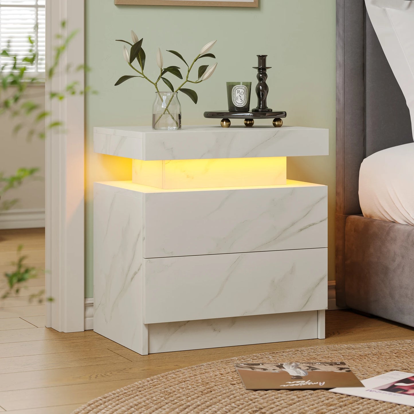 Cubehom LED Nightstand With Two Drawers And RGB Lights For Bedroom