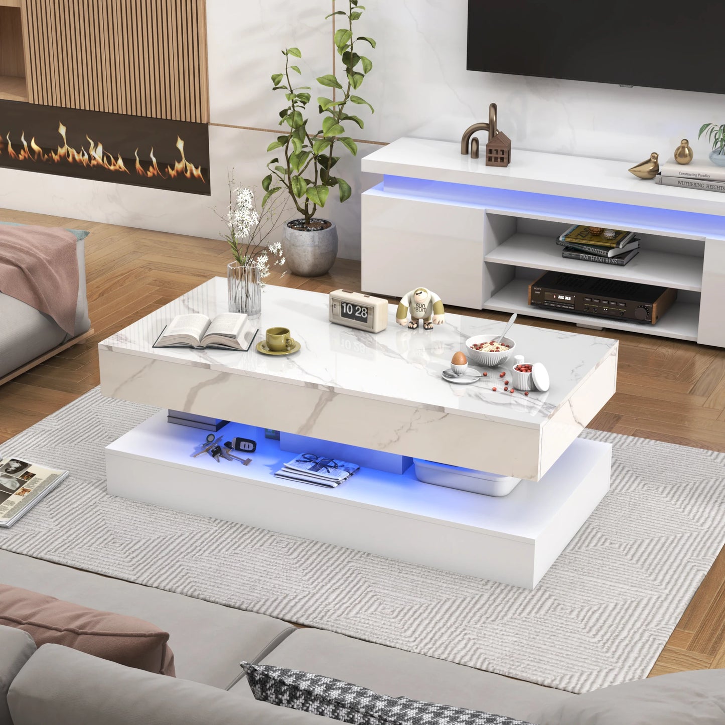 QiaoShiRen Modern Coffee Table With LED Double-Layer Storage Drawers