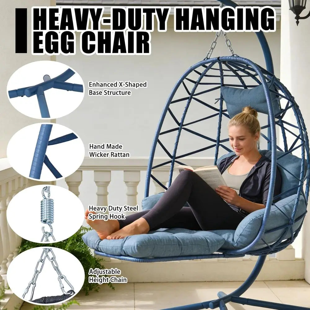 Rattan Wicker Swing Chair with Cushion and Leg Rest, Indoor Outdoor Hanging Egg Chair for Garden or Bedroom, 300 lbs, Blue
