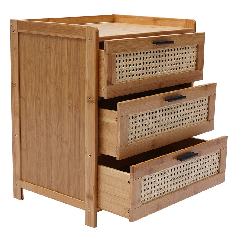 Bamboo Wood Three Drawer Bedside Table Nightstand Storage Cabinet