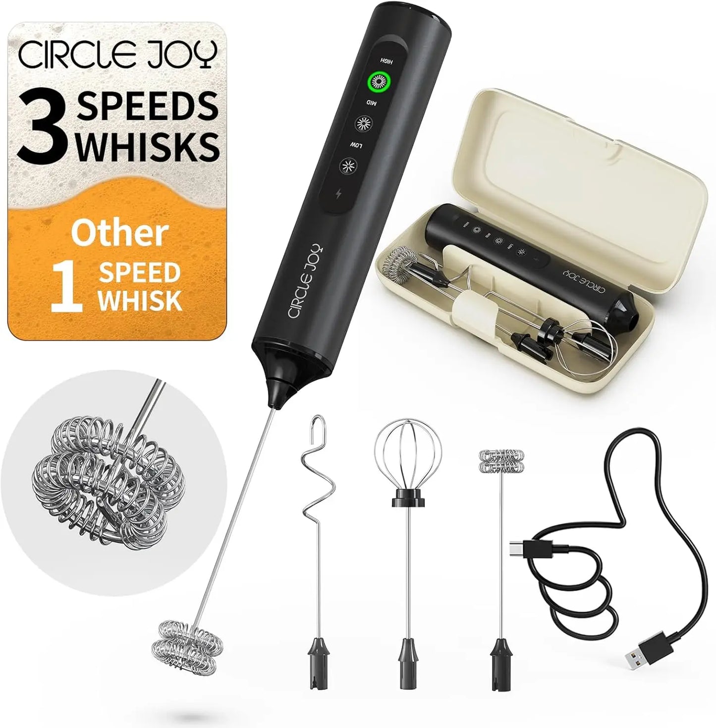 Rechargeable Handheld Milk Frother With 3 Speeds And 3 Whisks