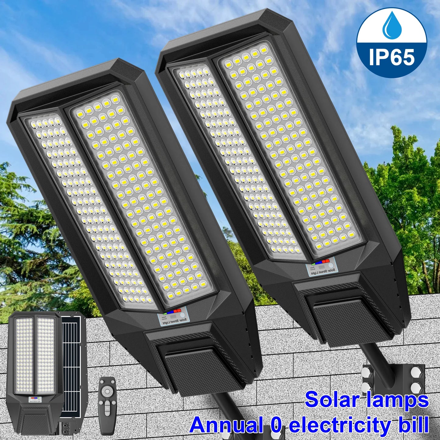 2-Pack 9000W Large Super Bright Solar Street Light, IP65 Waterproof LED Flood Light, Dusk-to-Dawn Auto Control, Motion Sensor &