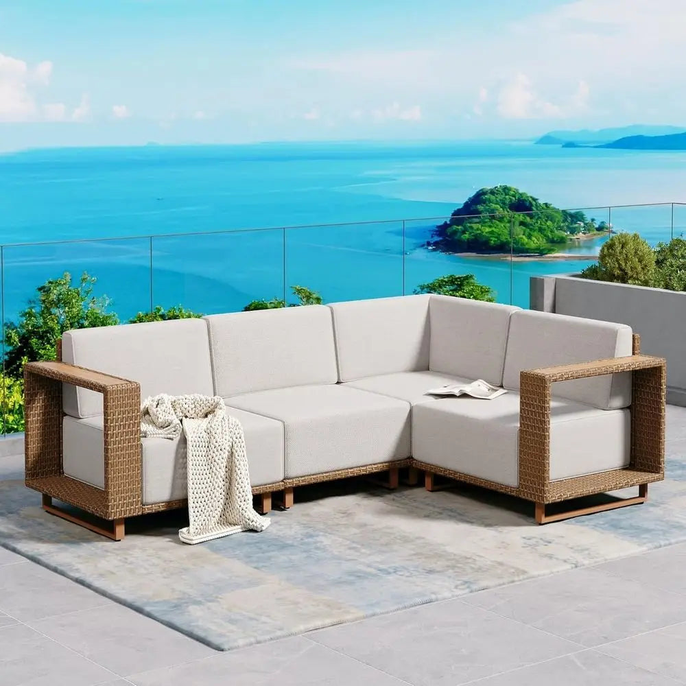 L-Shaped Outdoor Sectional Sofa with Thick Cushions, Yellow Wicker Patio Furniture Set for Lawn and Garden