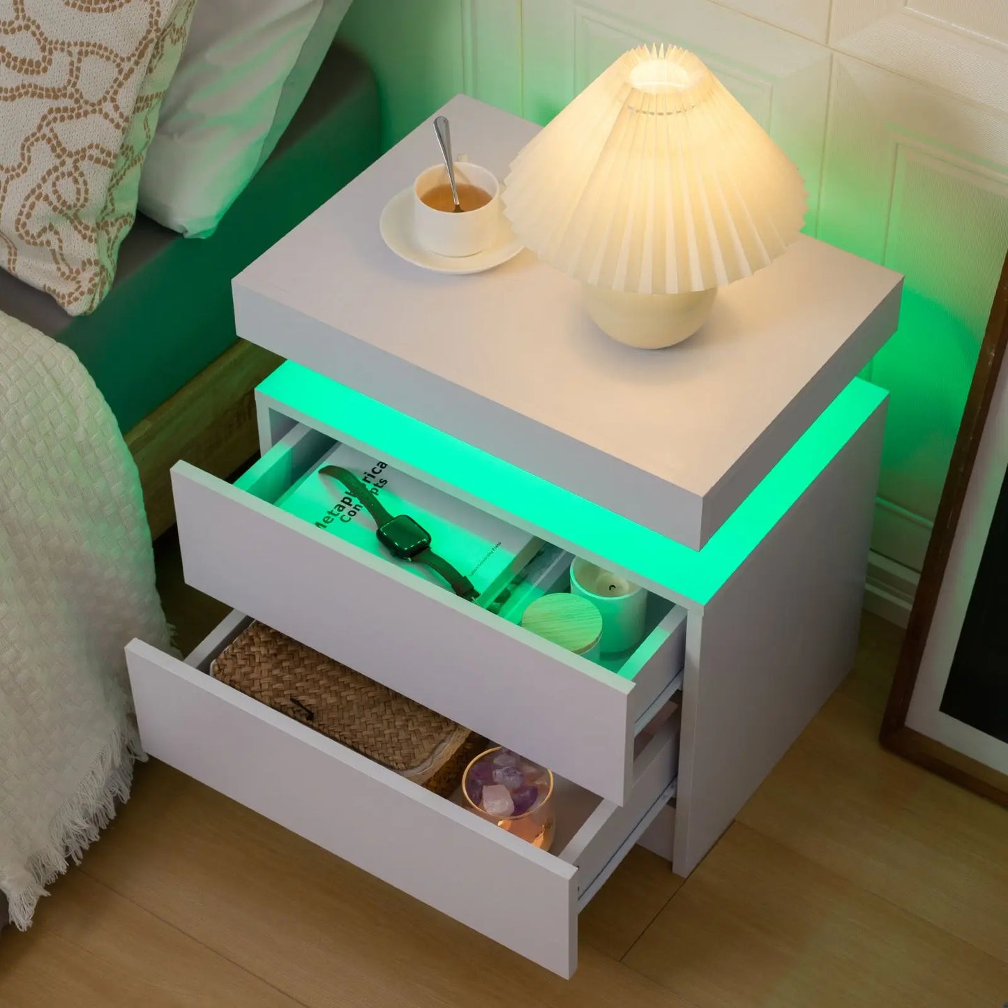 Cubehom LED Nightstand With Two Drawers And RGB Lights For Bedroom
