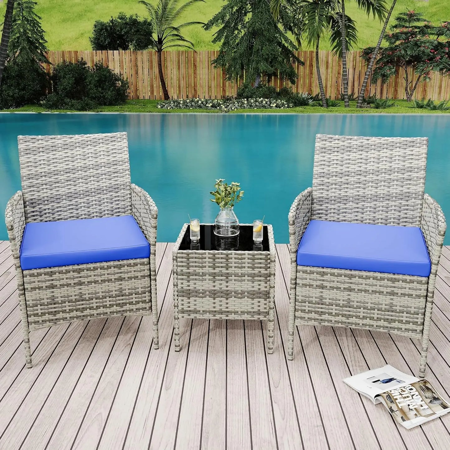3 Piece Outdoor Patio Furniture Set, PE Rattan Wicker Chairs with Soft Cushions, Tempered Glass Coffee Table, All Weather Conversation Set for Garden Porch Poolside Balcony