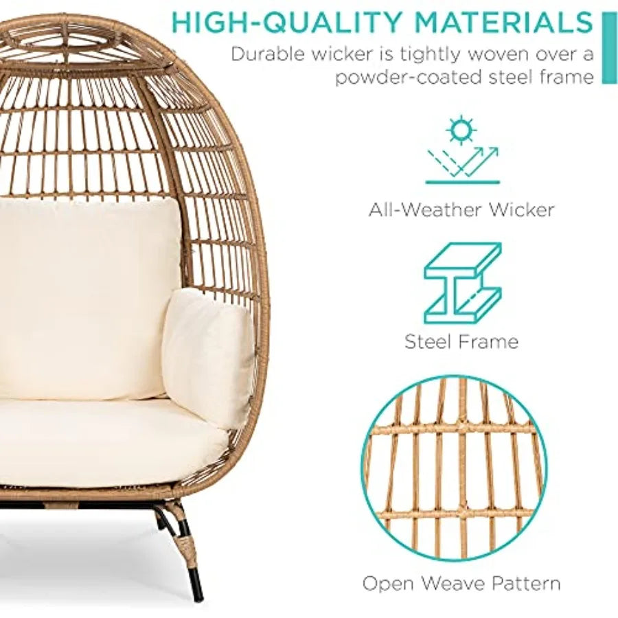 Wicker Egg Chair for patio, backyard, living room; rattan with steel frame; ivory; oversized indoor outdoor lounger with 4 cush