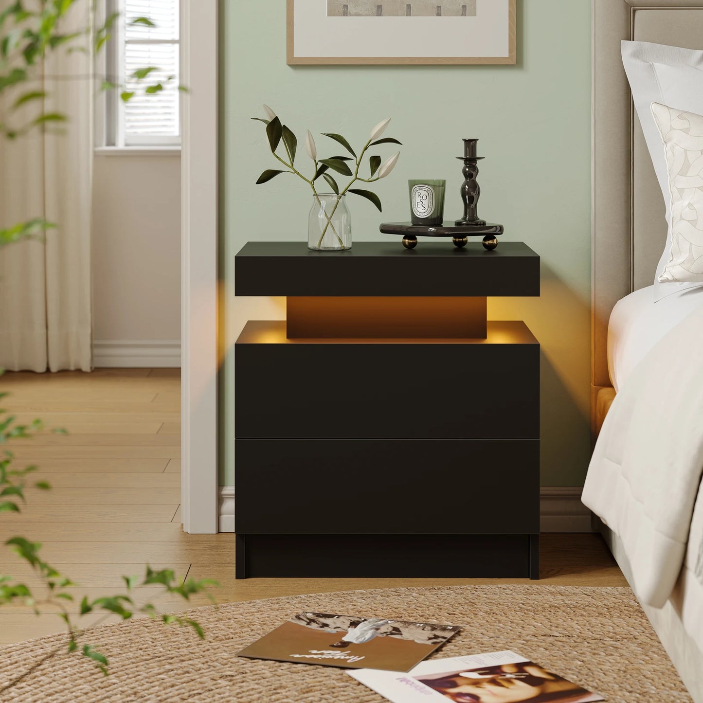 Cubehom LED Nightstand With Two Drawers And RGB Lights For Bedroom