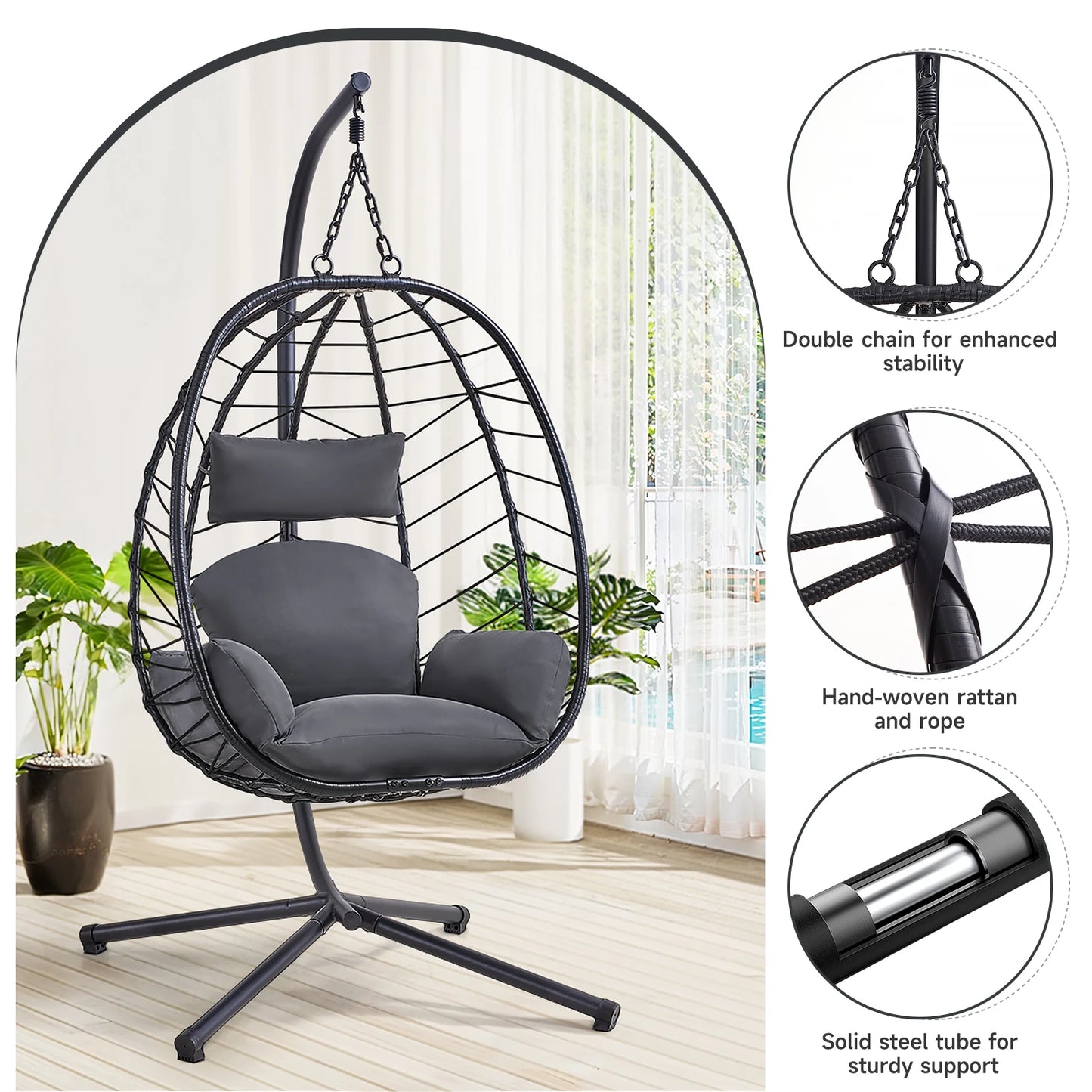 Egg Chair with Cushion, Outdoor Indoor Egg Swing Chair, Hanging Wicker Rattan Egg Chair with Dual Chains, 350LBS Capacity