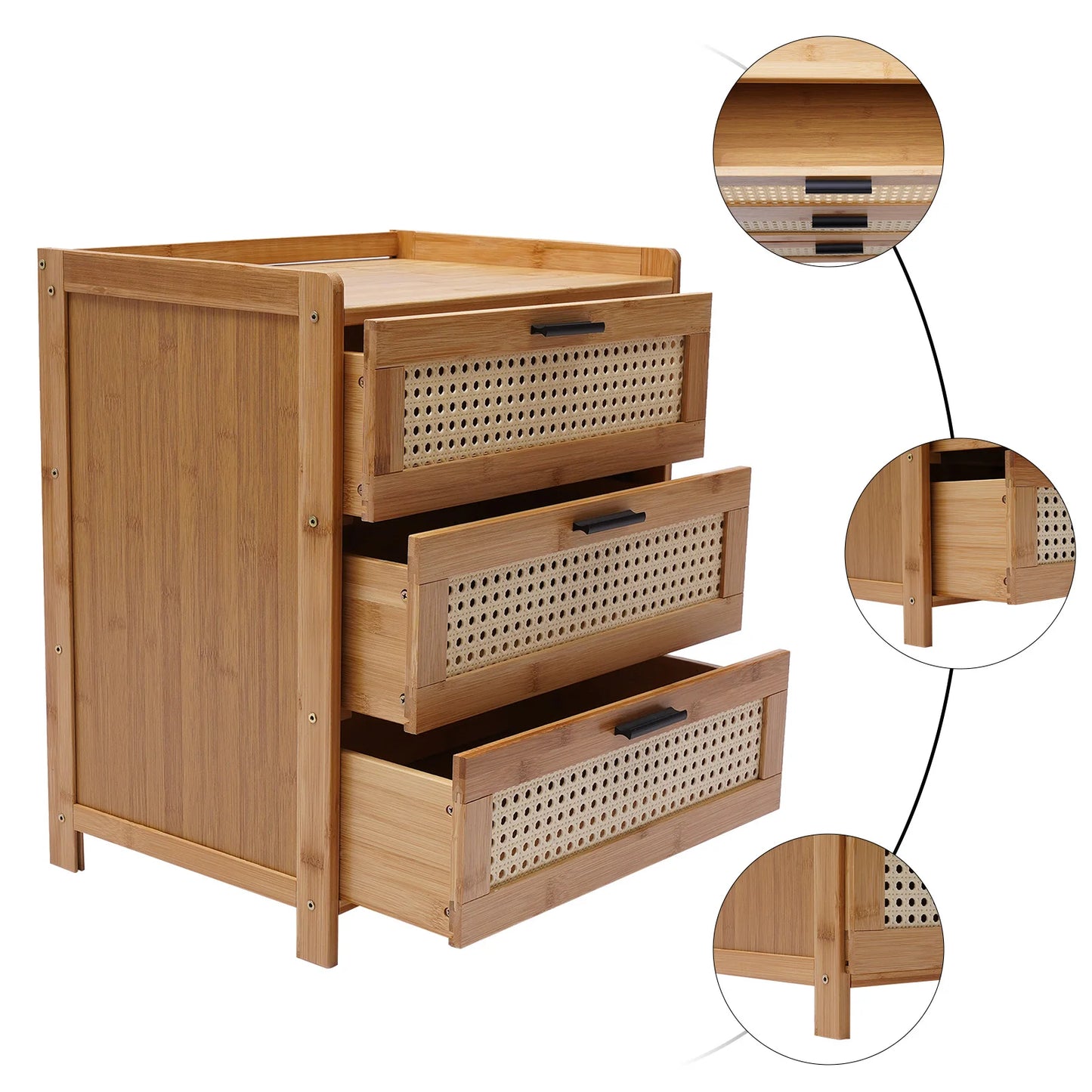 Bamboo Wood Three Drawer Bedside Table Nightstand Storage Cabinet