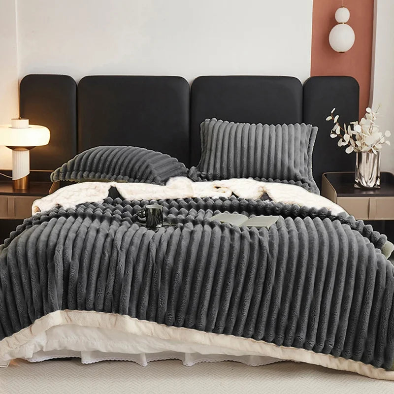 Weighted Sherpa Fleece Blanket Soft Warm Beige White Stripes