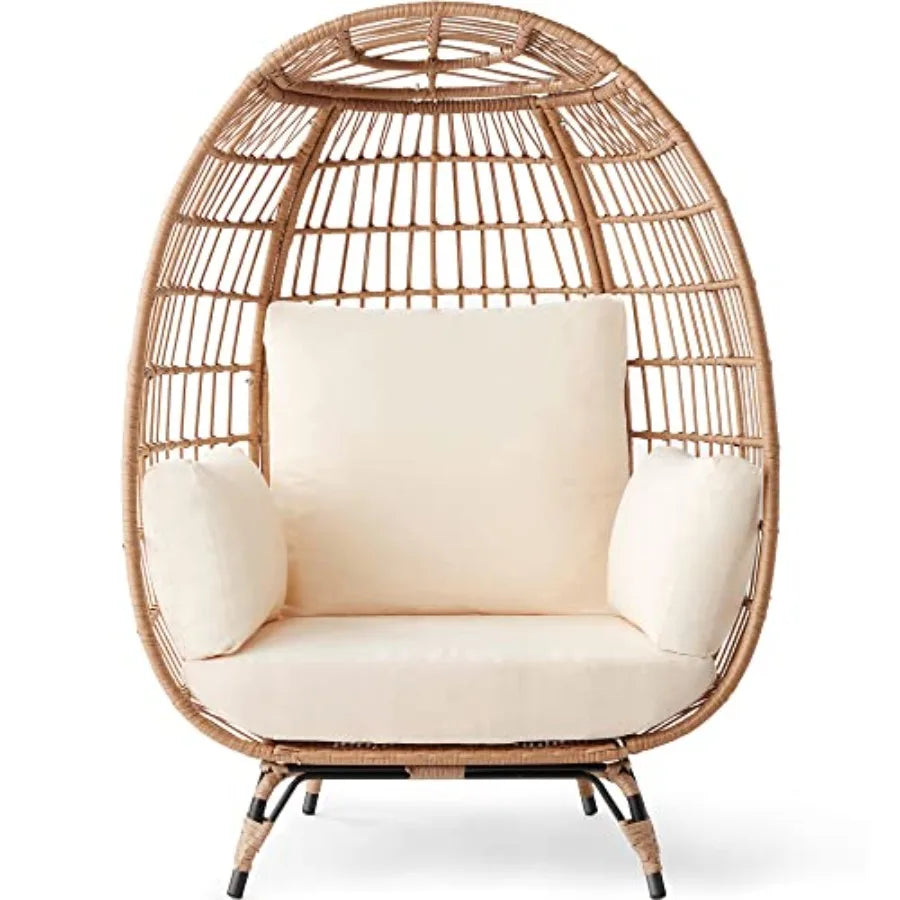 Wicker Egg Chair for patio, backyard, living room; rattan with steel frame; ivory; oversized indoor outdoor lounger with 4 cush