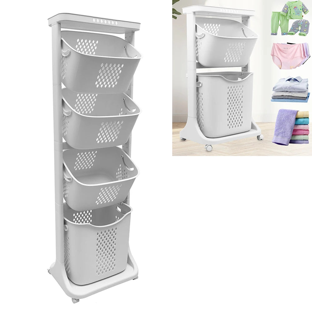 2/4 Tier Laundry Basket Dirty Clothes Organizer Rolling Cart Removable Storage Buckets Hamper 4 Wheels Toy Trolley Household