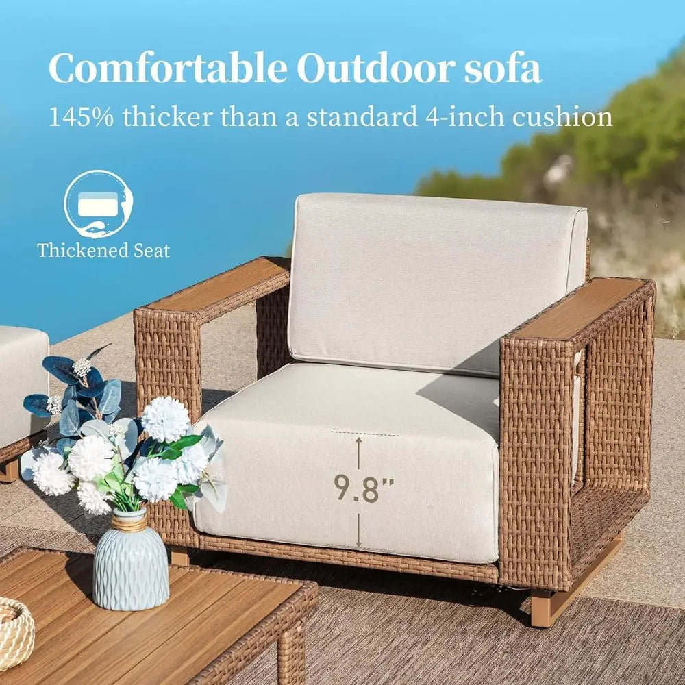 L-Shaped Outdoor Sectional Sofa with Thick Cushions, Yellow Wicker Patio Furniture Set for Lawn and Garden