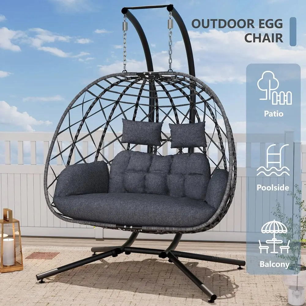 Double Egg Swing Chair with Stand, 2 Person Outdoor Indoor Hammock Hanging Chair with Cushion for Patio Living Room 650 LBS Cap