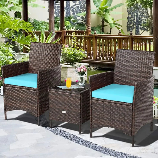 3-Piece Wicker Patio Furniture Set with Cushions and Glass Top Table for Outdoor Spaces