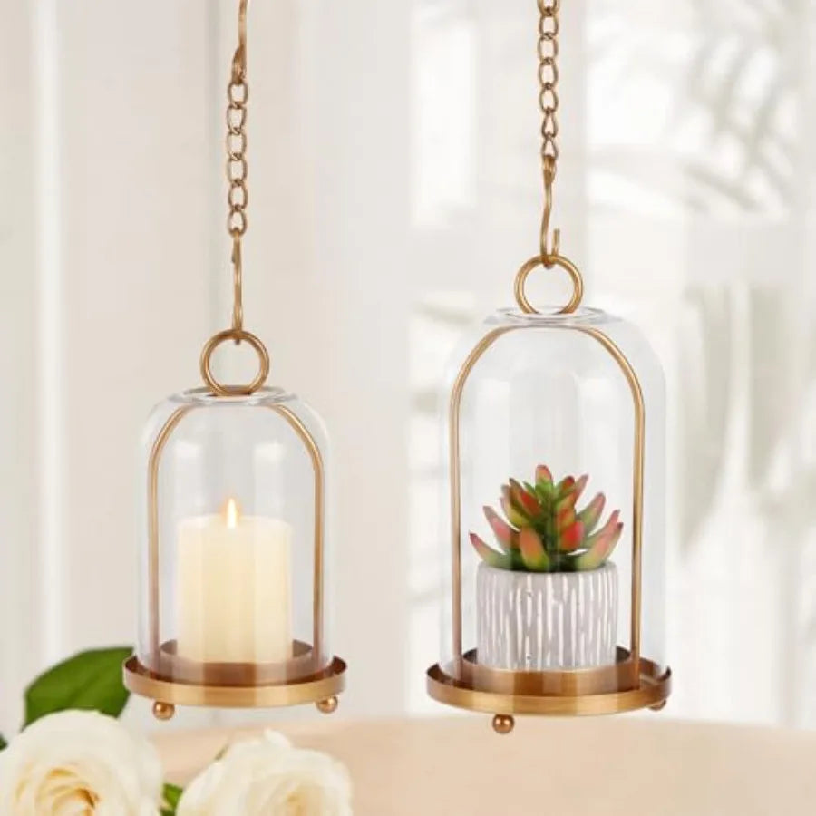 Vintage Brass Candle Lanterns With Thick Glass Dome Set Of 2 Shabby Chic