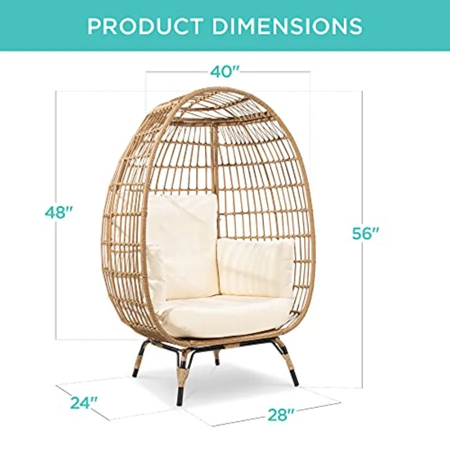 Wicker Egg Chair for patio, backyard, living room; rattan with steel frame; ivory; oversized indoor outdoor lounger with 4 cush
