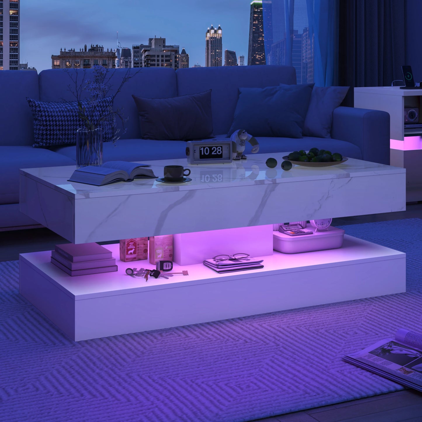 QiaoShiRen Modern Coffee Table With LED Double-Layer Storage Drawers