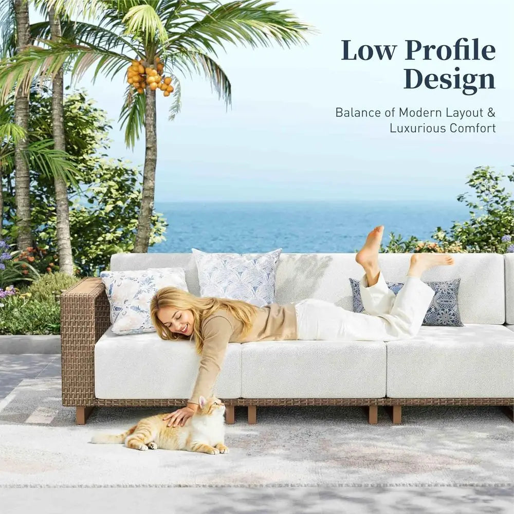 L-Shaped Outdoor Sectional Sofa with Thick Cushions, Yellow Wicker Patio Furniture Set for Lawn and Garden