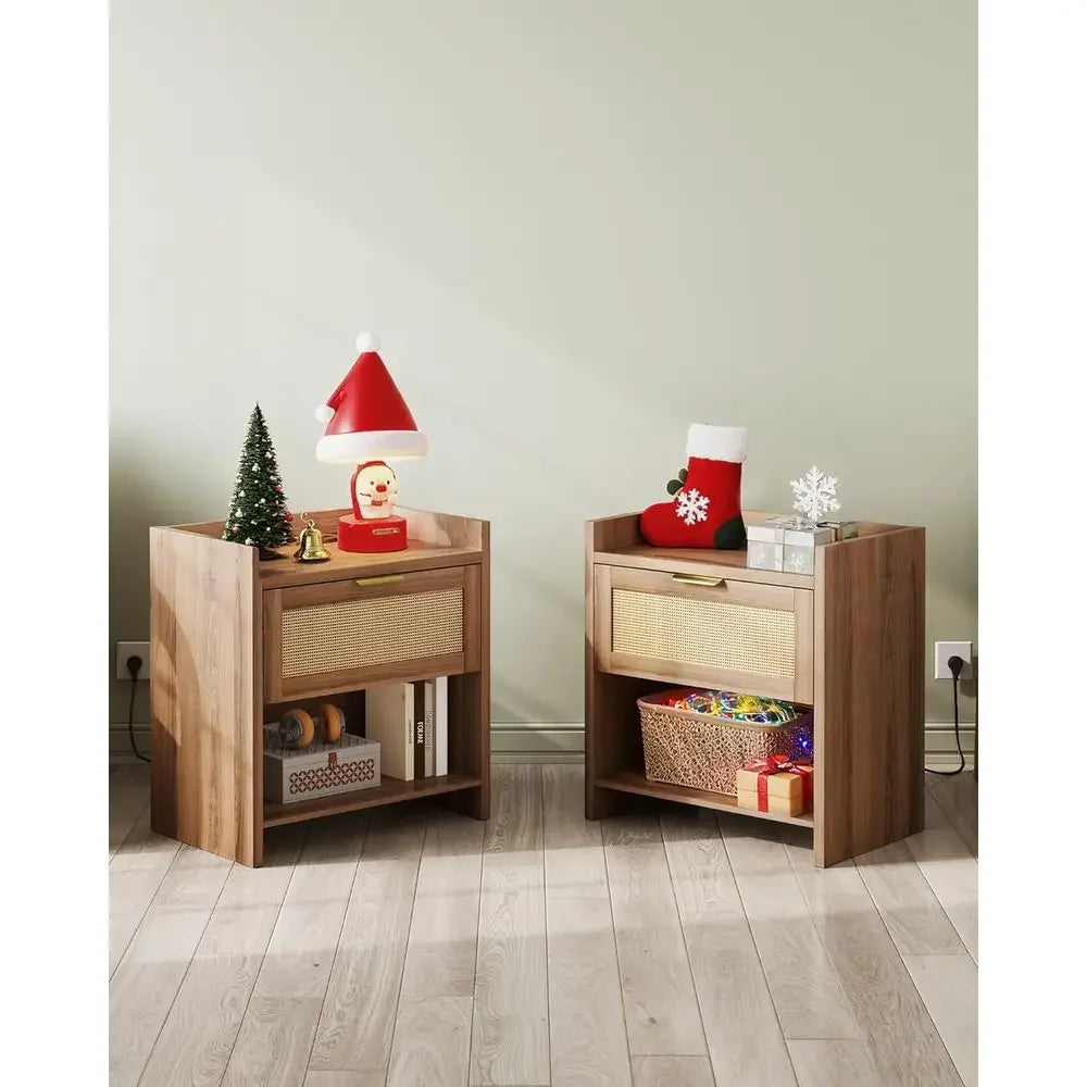 Natural Oak Nightstands With Charging Station Storage Drawer Open Shelf