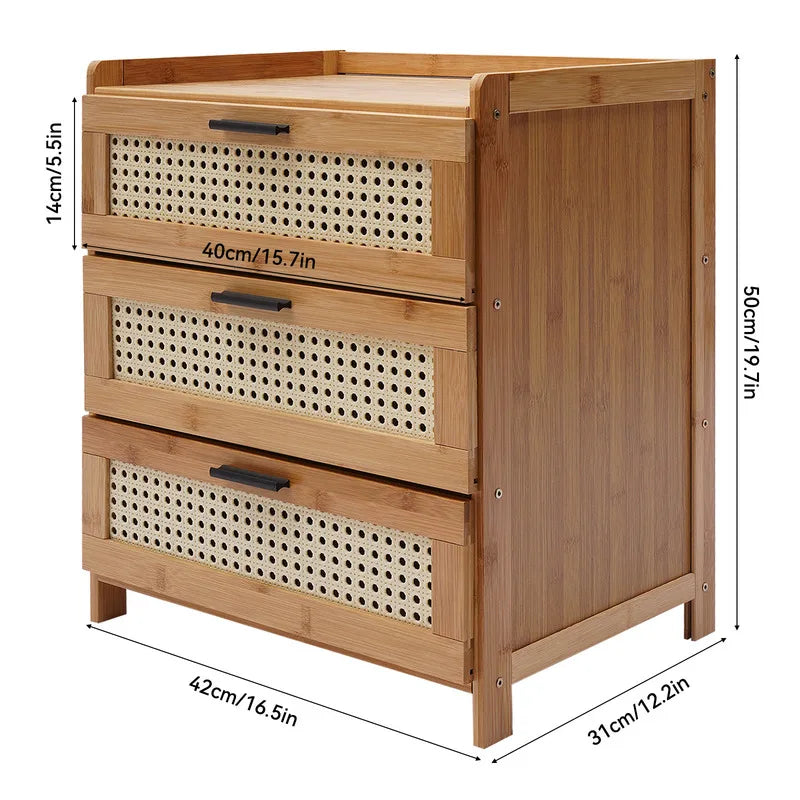 Bamboo Wood Three Drawer Bedside Table Nightstand Storage Cabinet