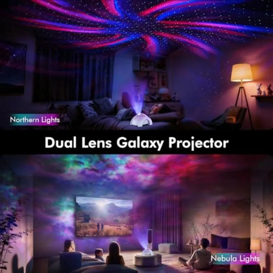 Dual Lens Galaxy Projector, Star Projector for Bedroom with White Noise and Bluetooth Speaker, Remote, Timer, Aurora and Nebula