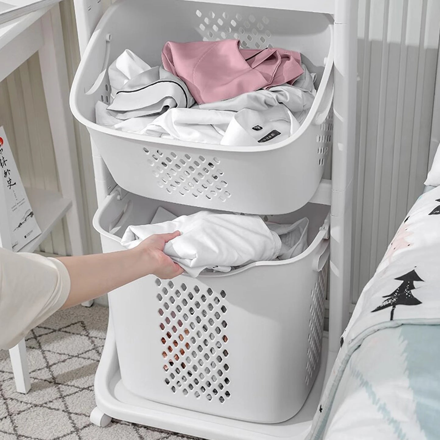 2/4 Tier Laundry Basket Dirty Clothes Organizer Rolling Cart Removable Storage Buckets Hamper 4 Wheels Toy Trolley Household