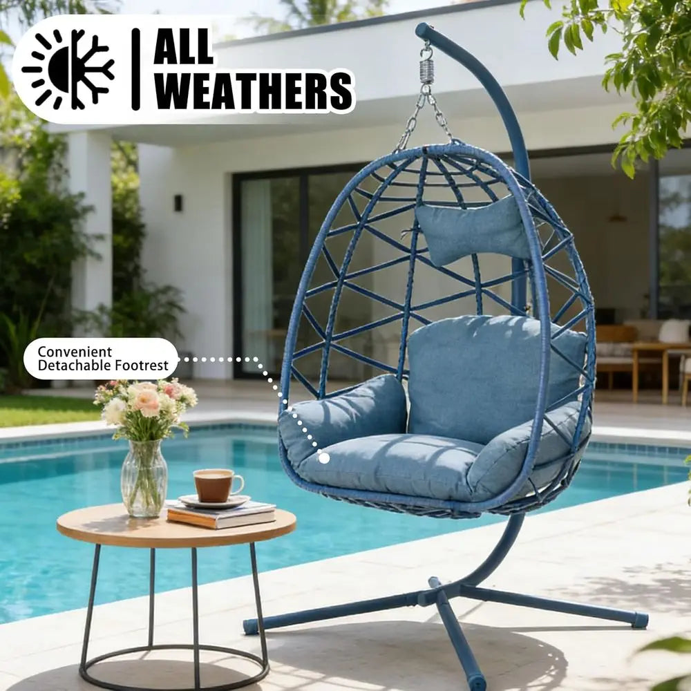 Rattan Wicker Swing Chair with Cushion and Leg Rest, Indoor Outdoor Hanging Egg Chair for Garden or Bedroom, 300 lbs, Blue