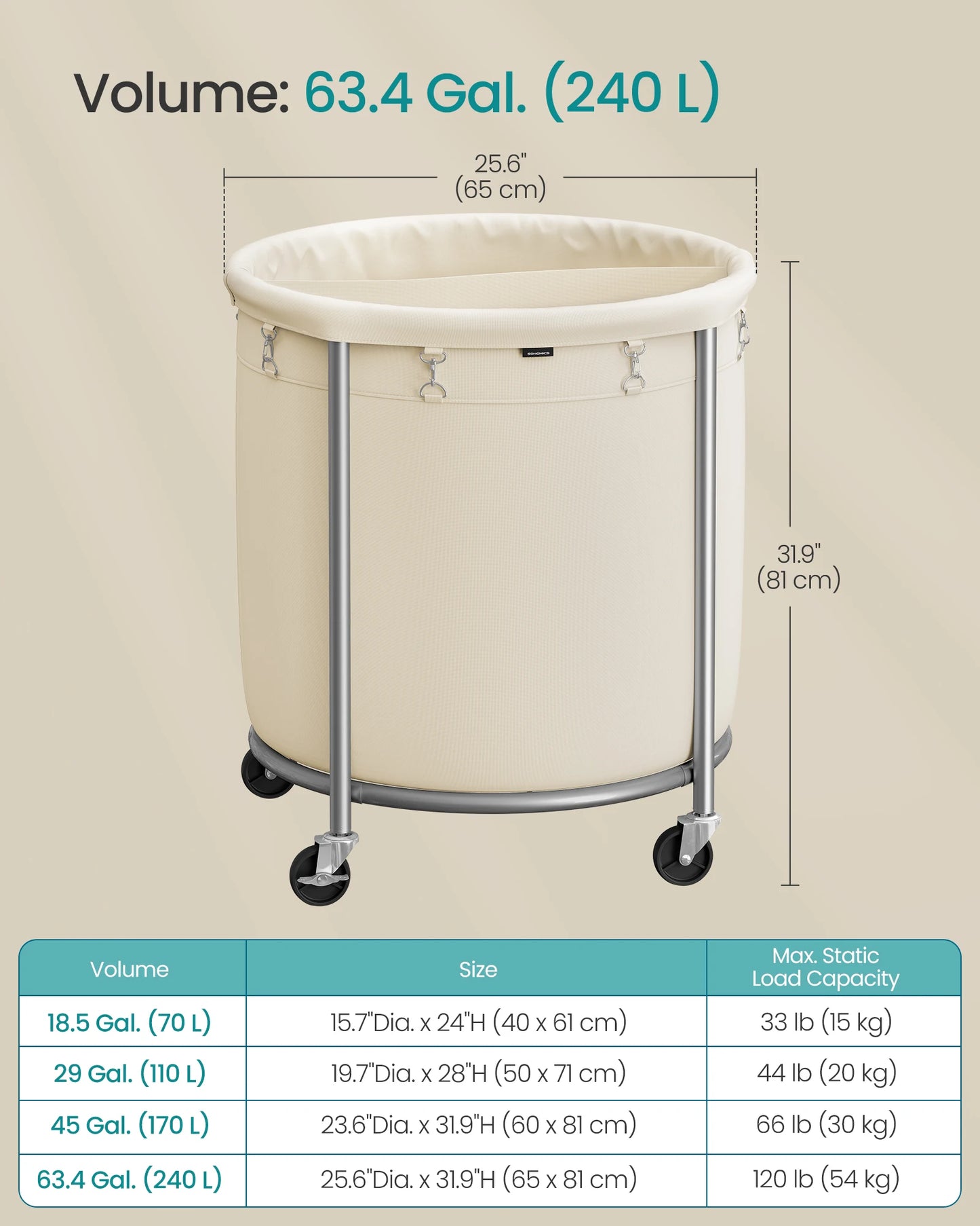 Songmics Rolling Laundry Hamper Cart With Wheels Heavy Duty Steel