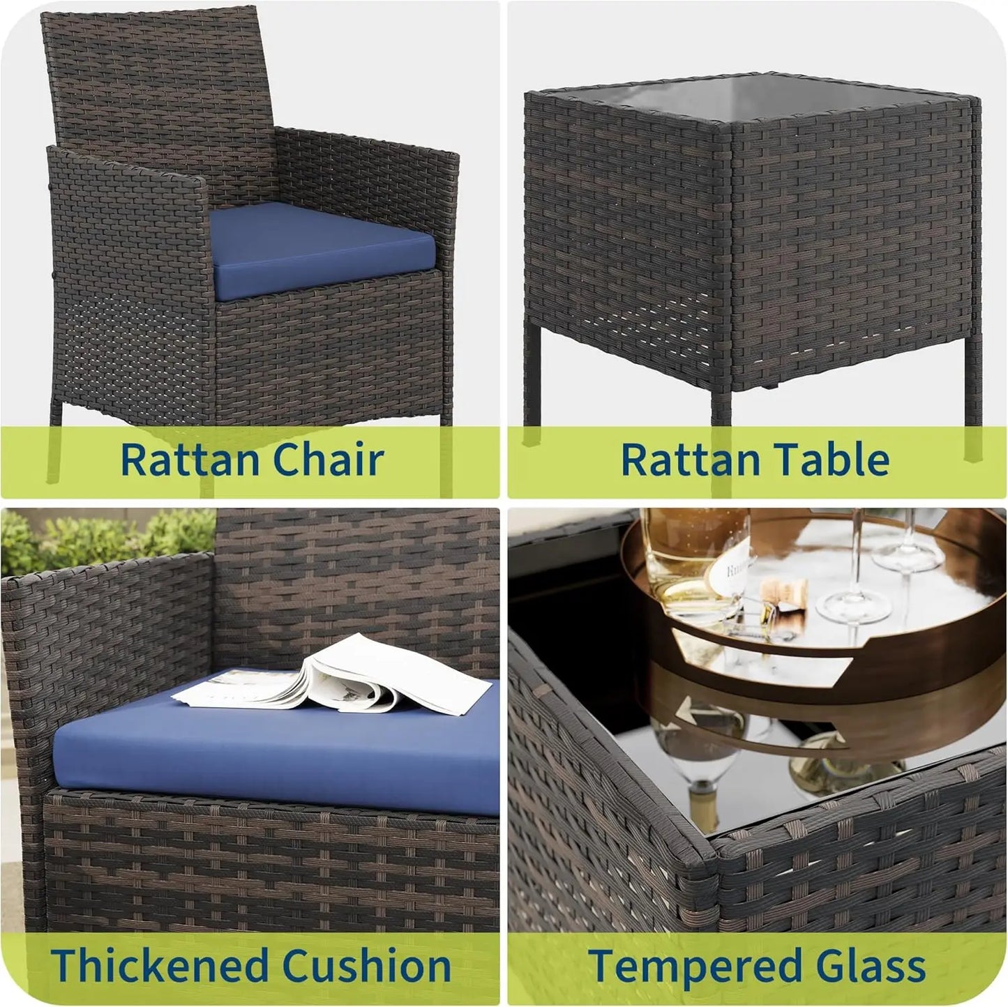 3 Piece Outdoor Patio Furniture Set, PE Rattan Wicker Chairs with Soft Cushions, Tempered Glass Coffee Table, All Weather Conversation Set for Garden Porch Poolside Balcony