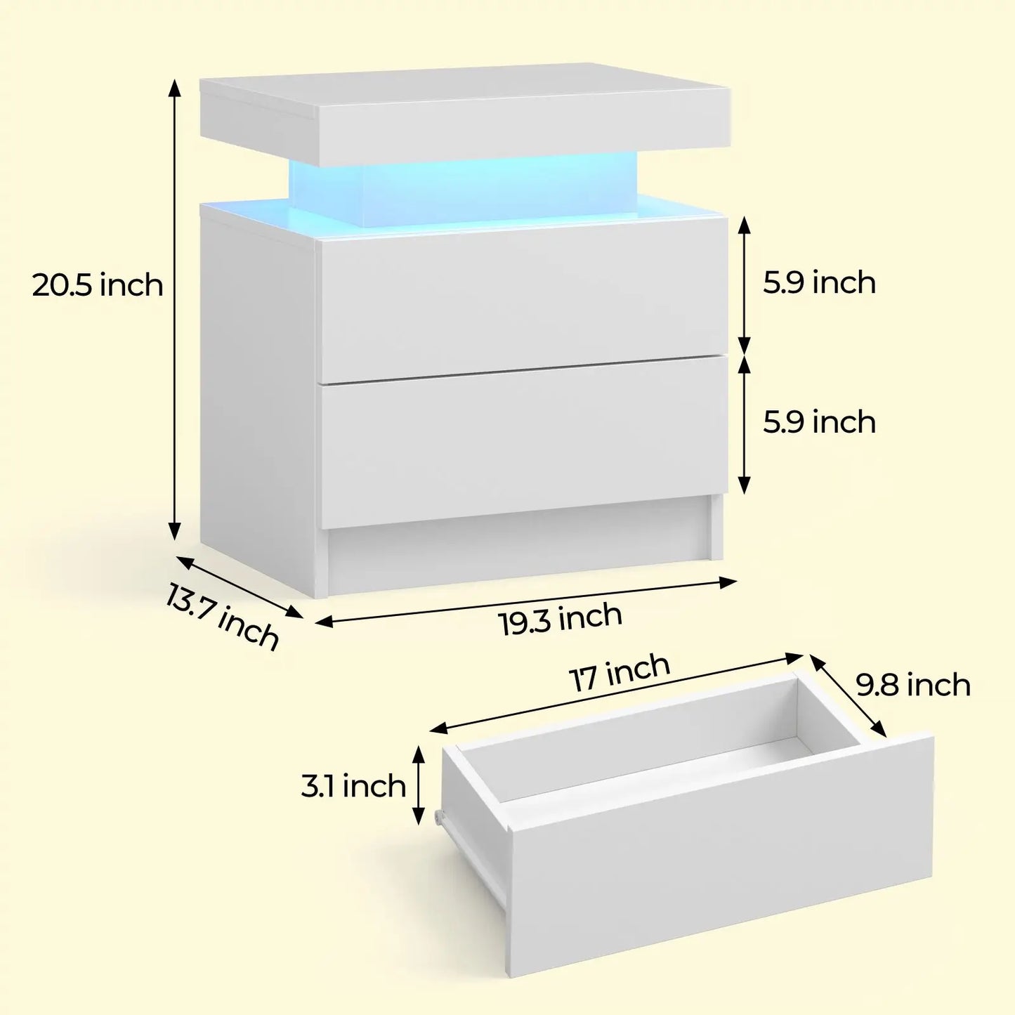 Cubehom LED Nightstand With Two Drawers And RGB Lights For Bedroom